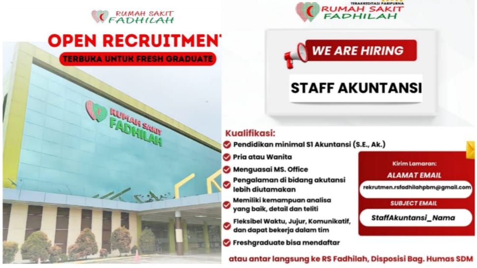 Fresh Graduate Bisa Daftar! RS Fadhilah Prabumulih Butuh Staff Akuntansi