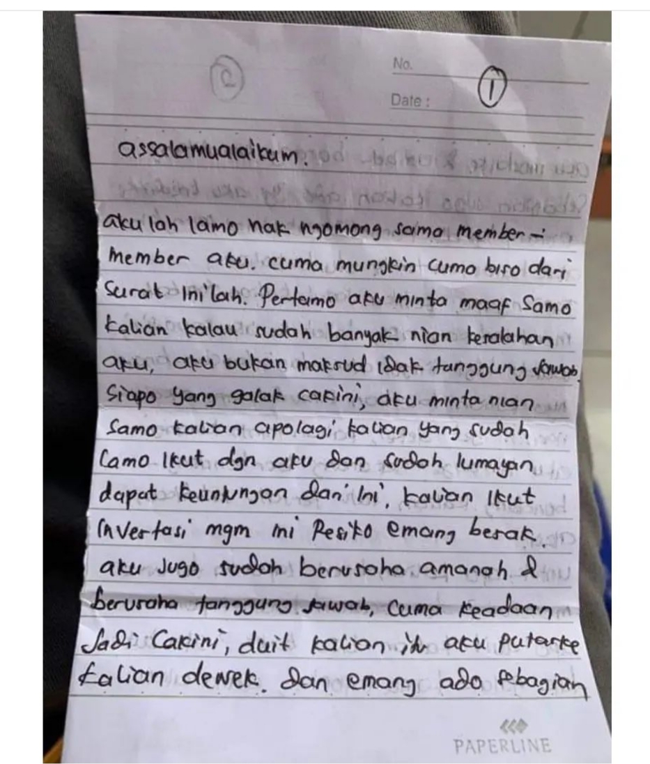 Beredar Surat Permohonan Maaf Tersangka Investasi Bodong. Ini Isinya