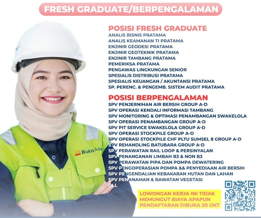 PT Bukit Asam Butuh 36 Posisi, Terbuka Untuk Fresh Graduate dan Berpengalaman