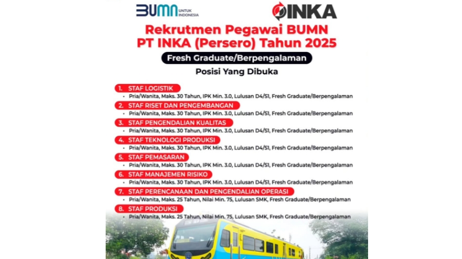 PT Inka (Persero) Buka Lowongan Kerja di Rekrutmen Bersama BUMN 2025, Berminat?