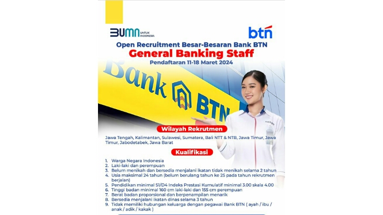 Bank BTN Buka Lowongan Kerja Staf Perbankan Umum, Batas Usia 24 Tahun Bisa Daftar