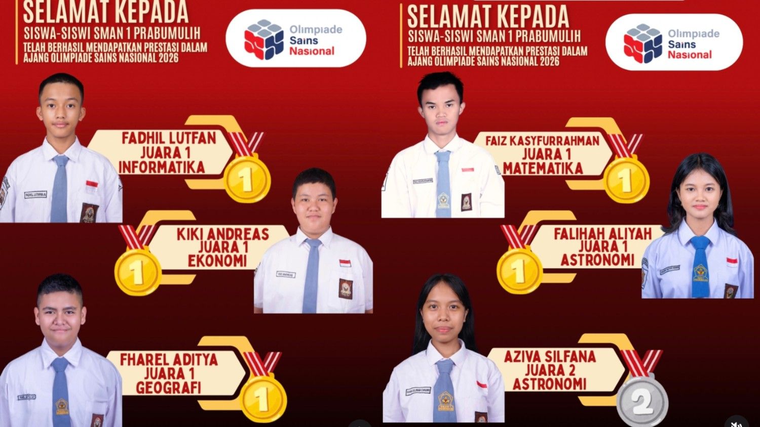 Daftar Siswa SMAN 1 Prabumulih yang Lolos OSN-P 2026, Raih Juara di Berbagai Bidang