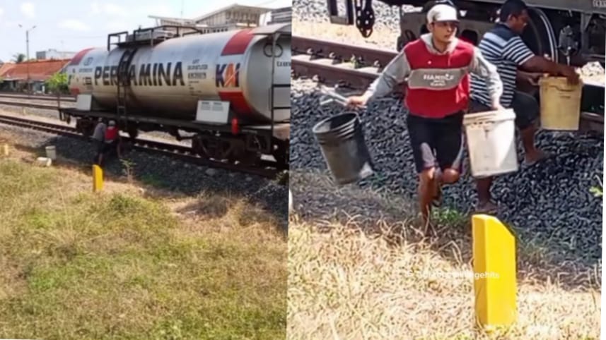 Viral! Sekelompok Warga Ambil Minyak dari Gerbong Tangki Kereta Api yang Berhenti di Stasiun Prabumulih