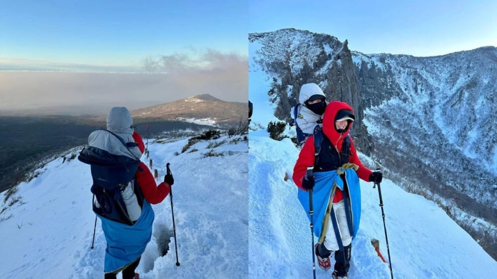 Artis Korea Selatan ini Mendaki Puncak Gunung tertinggi di Negaranya Sambil Menggedong Anaknya