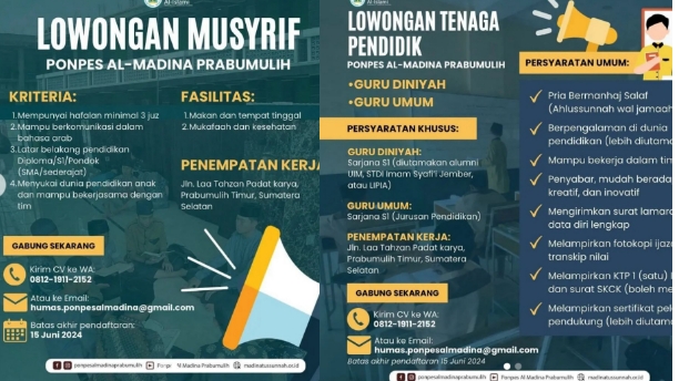 Lowongan Kerja Prabumulih, Ponpes Al-madina Prabumulih Buka Lowongan Tenaga Pendidik dan Musyrif