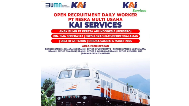 PT KAI Services Buka Lowongan Kerja Daily Worker, Cek Syaratnya