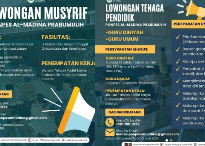 Lowongan Kerja Prabumulih, Ponpes Al-madina Prabumulih Buka Lowongan Tenaga Pendidik dan Musyrif