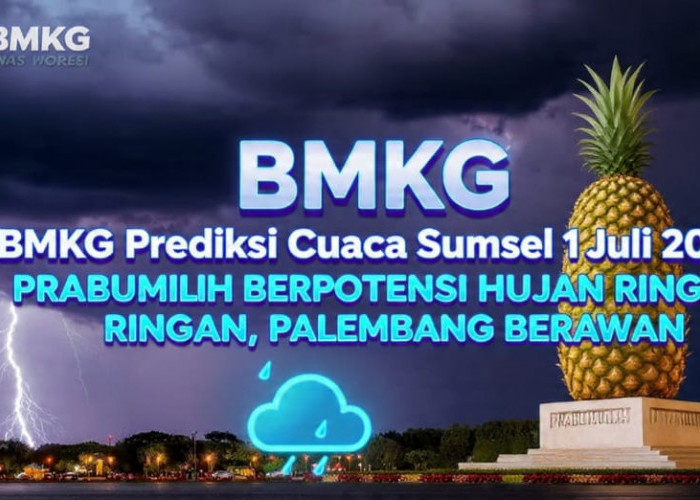 BMKG Prediksi Cuaca Sumsel 1 Juli 2026: Prabumulih Berpotensi Hujan Ringan, Palembang Berawan